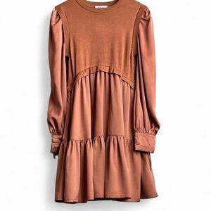 NWOT Long Sleeve Copper Colored Satin Mini Dress W/ Built In Knit Sweater Vest.